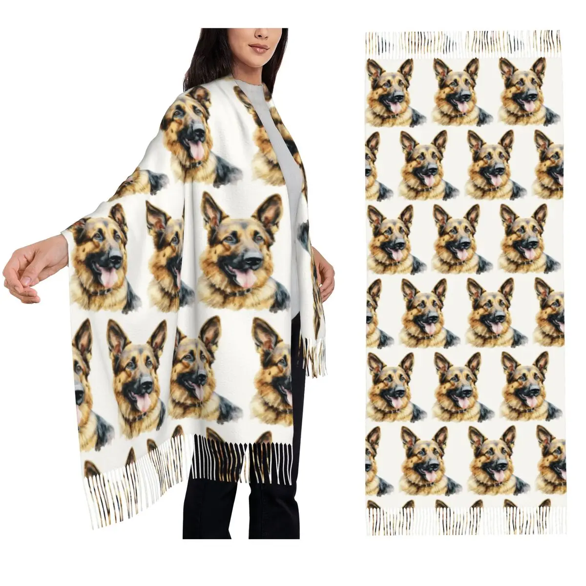 Watercolor German Shepherd Scarf Tassel Scarves for Women Soft Warm Shawls and Wraps Long Fall Winter Shawl Wrap