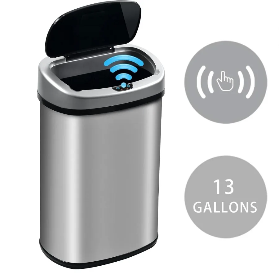 

Kitchen Trash Can with Lid, 13 Gallon Automatic Stainless Steel Garbage Can with Touch-Free and Motion Sensor, Anti-Fingerprint