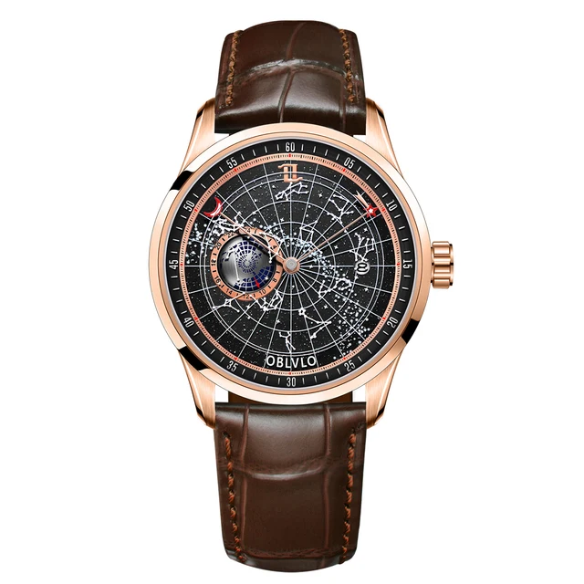 OBLVLO Men Automatic Watch Luxury Watches Mechanical Wristwatch Waterproof Luminous Star Dial Leather Strap Butterfly Clasp