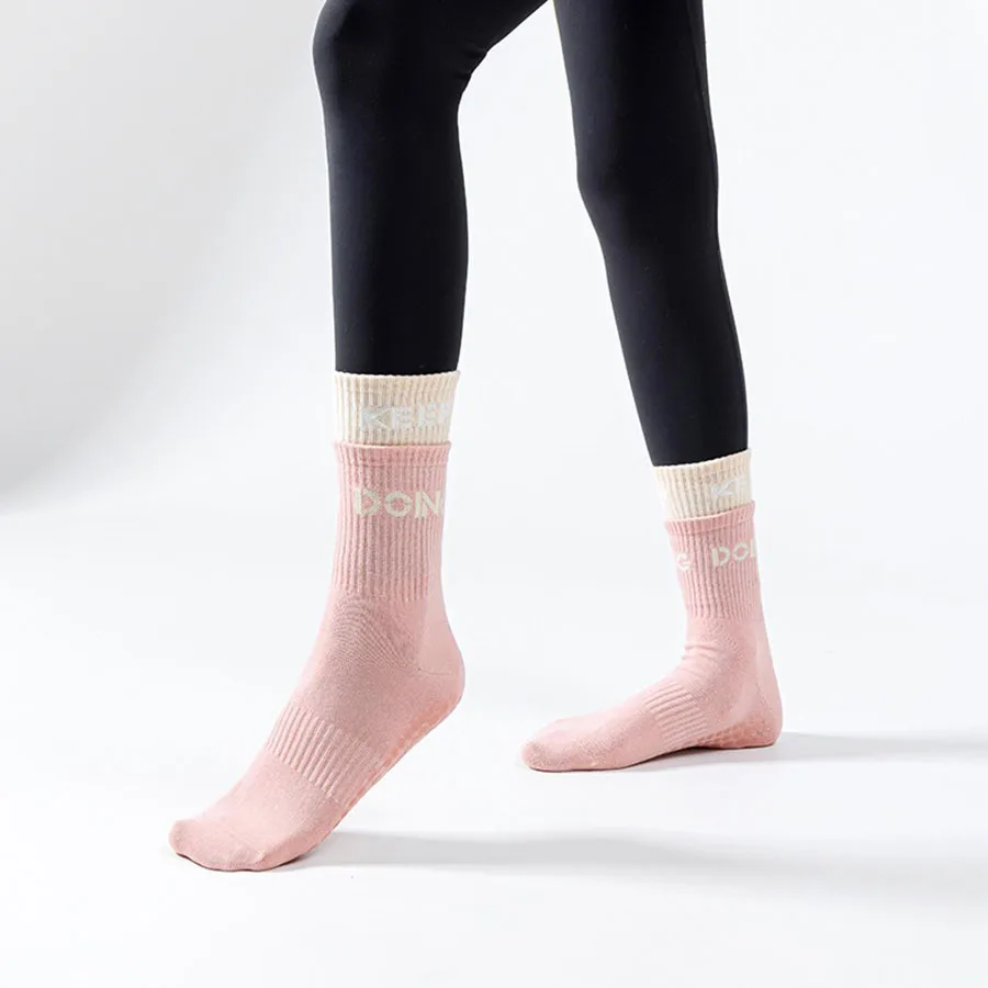 4pairs Yoga Socks for Women Pilates Socks with Grips Cute Anti Slip Floor Socks Breathable Double Stripe Middle Tube Sport Socks