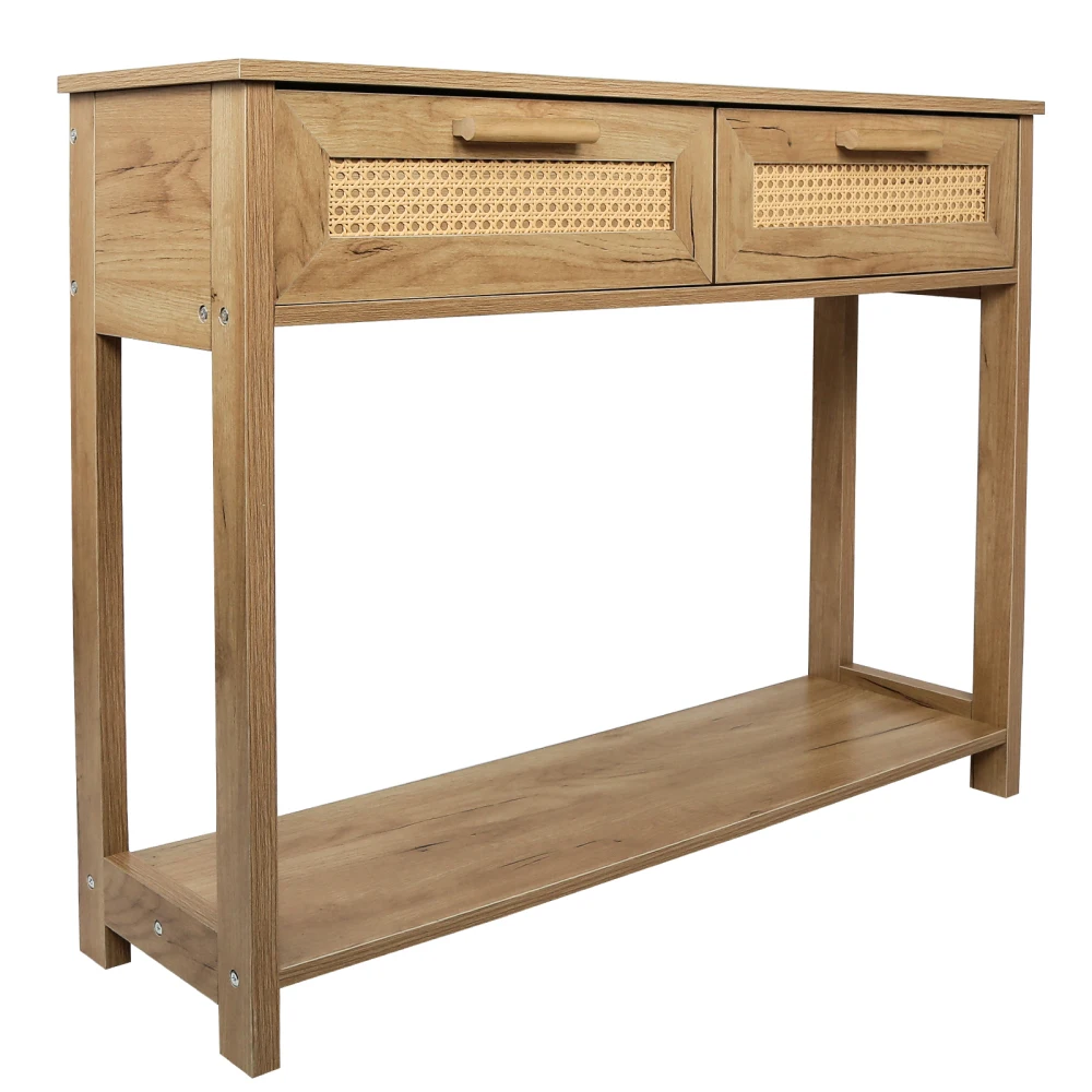 Console Table with 2 Drawers & Open Shelf, Narrow Accent Table, Rattan Design, Ideal for Living Room, Hallway - Natural Color.