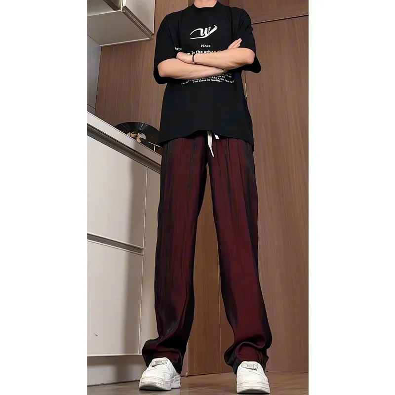 

Summer Ice Silk Casual pants men Straight Pants Plus Size Men's Thin trousers Men Loose Comfortable Wide Leg Pants Wine Red