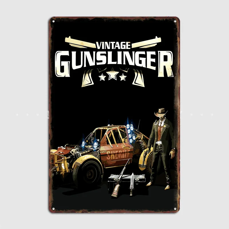 Vintage Gunslinger with Sheriff Car Poster Metal Tin Sign Indoor Outdoor Home Decor Bar Custom Posters Wall Room Decorations