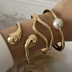 DIEZI 3 style Pearl Cuff Bangles Punk Hip Hop Men Gold Silver Color Metal Water Drop Spring Bangles Women Bracelet Jewelry
