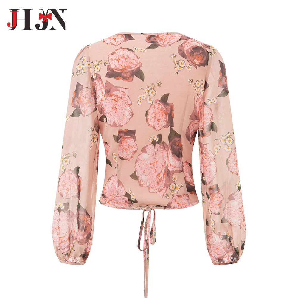 JHJN Beach Style Woman Blouse Pink Rose Print Shirt Long Sleeves V-Neck Tops Folds Lace-Up Blouses Female T-Shirt Single Button