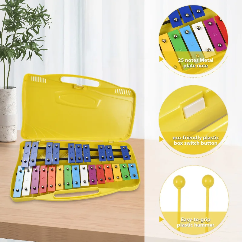 25 Notes Glockenspiel Xylophone Colorful Metal Keys Percussion Musical Instrument with 2 Mallets Handheld Case Gift for Beginner