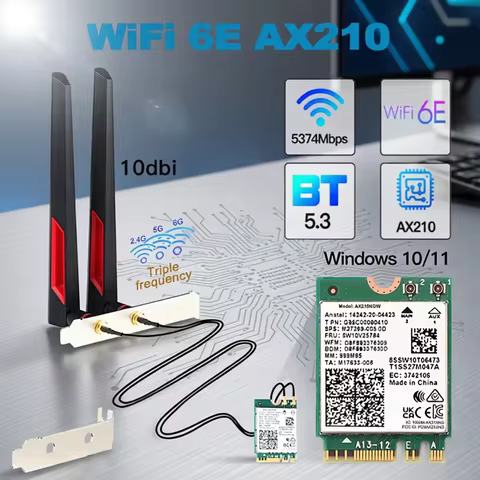 Wi-Fi 6E AX210 WiFi Card 5374Mbps Bluetooth 5.3 Adapter AX210NGW 802.11ax 2.4G/5Ghz/6Ghz 10DBi Antennas For PC