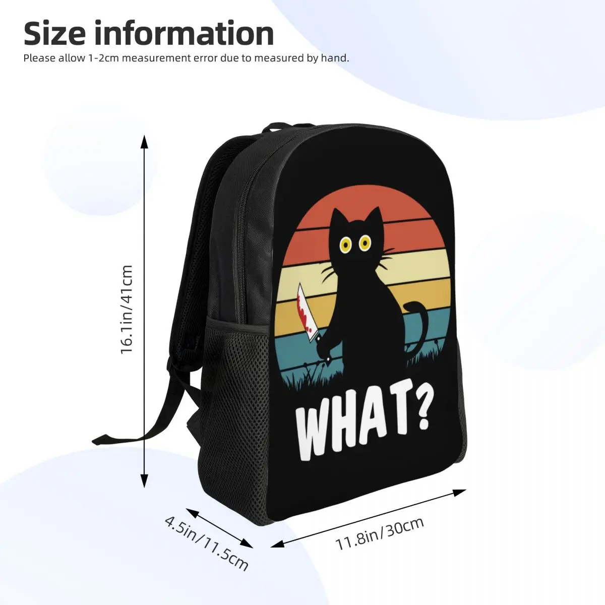 Mochila gato preto para homens e mulheres, impermeável, escola universitária, engraçado, gato assassino segurando faca, saco de Halloween, saco de impressão