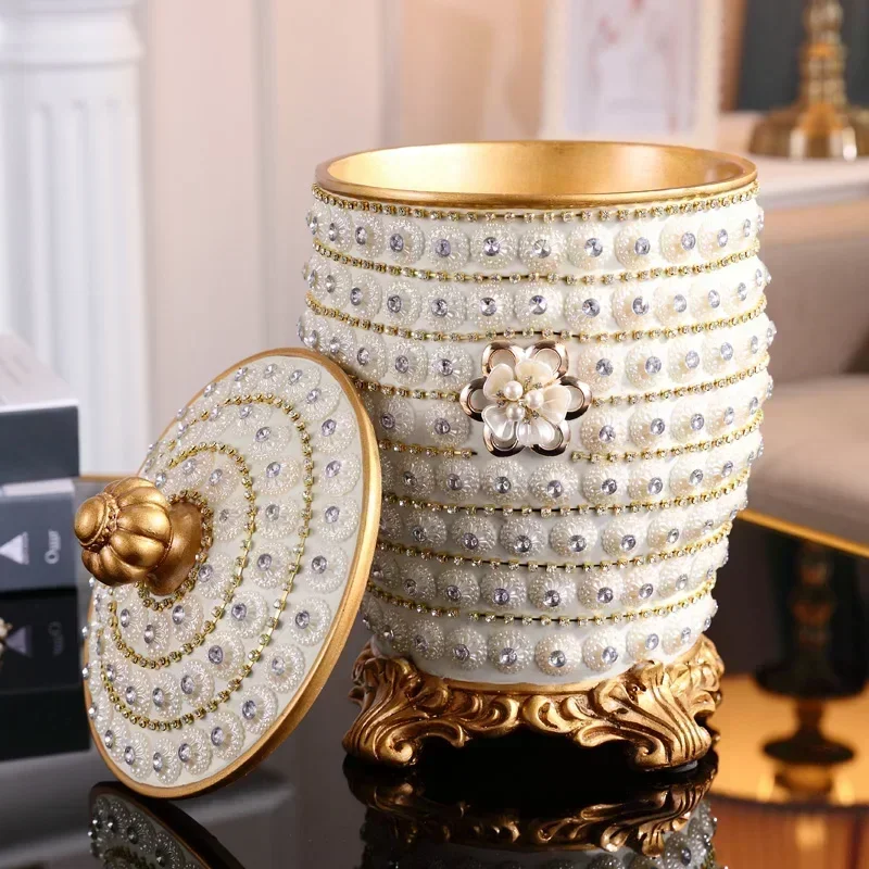 Modern Luxury Diamond Sanitary Trash Bin Resin Ornaments Home Livingroom Table Storage Box Figurines Crafts Accessories Decor