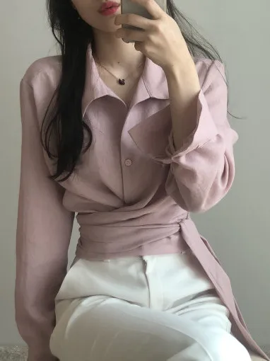 

Women's Chic Cross Waist Slimming Belted irt Korean Sle Loose Fit Long Sve Faionable Top for Early Autumn