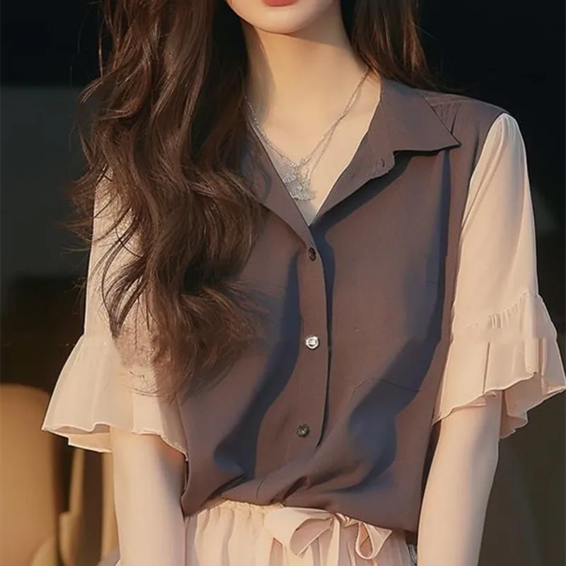 

Summer New Patchwork Color Turn-Down Collar Ruffles Half Sleeve Casual Women's Wear High Quality Single Breasted Shirt
