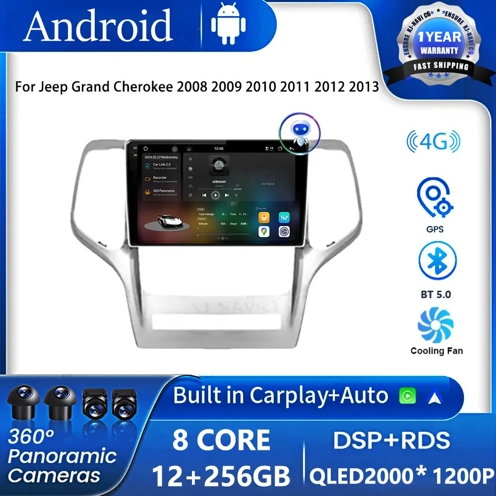 9 Inch Android 14 For Jeep Grand Cherokee 2008 2009 2010 2011 2012 2013 Car Multimedia Stereo Player Navigation GPS Autoradio