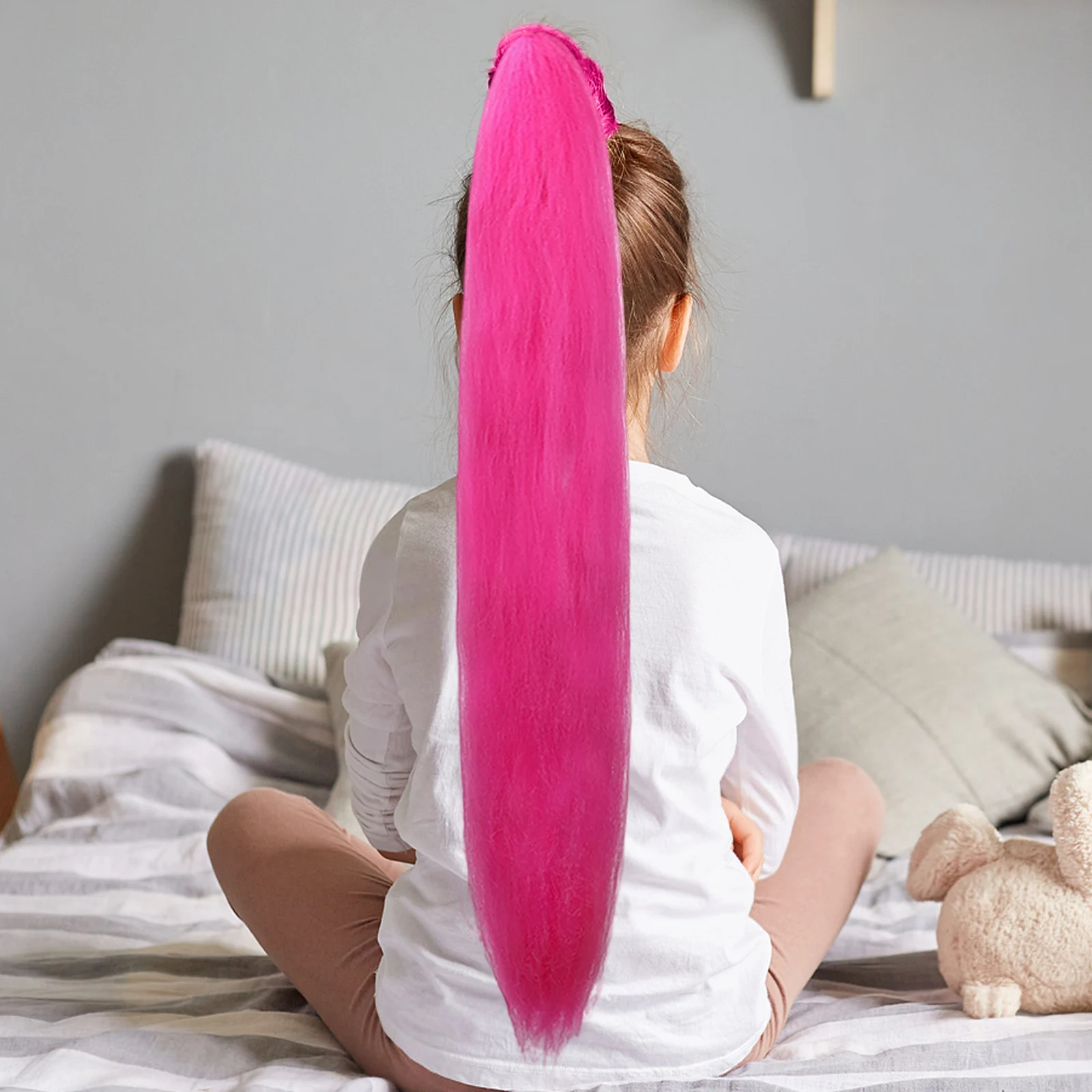 2 قطعة ذيل الحصان الوردي الساطع تمديد الباروكات الفتيات عطلة حفلة رواية فستان ذيل حصان ملون السيدات نظرة يومية ديكور كوس شعر مستعار