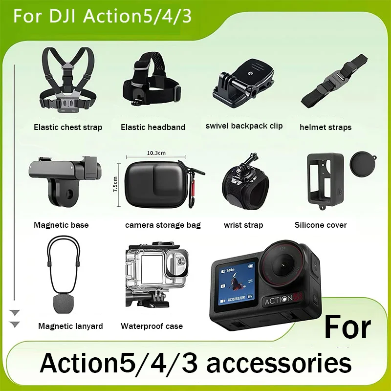 

Accessories kit For DJI action5pro/4/3 waterproof case/power clamp/selfie stick/Elastic head head case/Helmet strap/brackrt