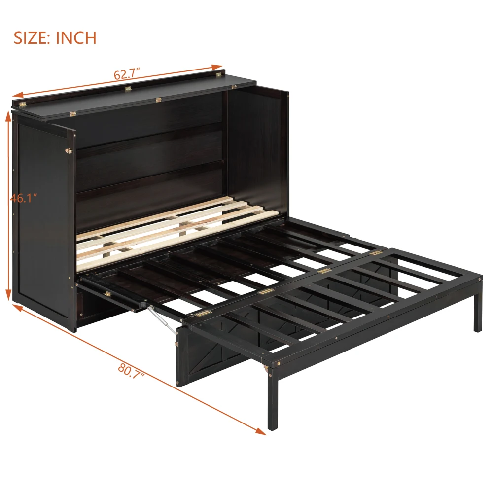 سرير ميرفي بحجم كوين مع أدراج كبيرة وUSB، وخزانة جانبية قابلة للطي مع منفذي USB ومنفذين ثلاثي الشق، بلون القهوة #4