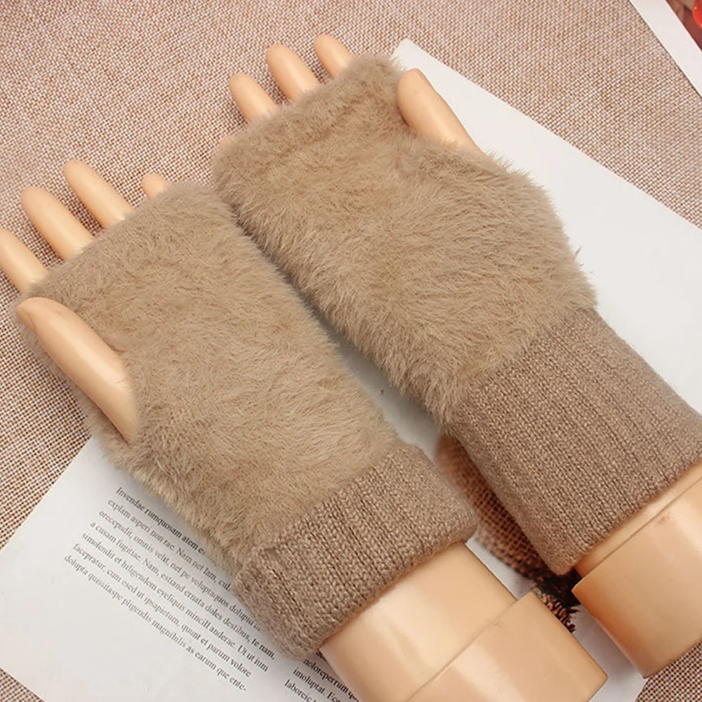 

Women Imitation Mink Hair Plush Gloves Simple Solid Color Touch Screen Half Finger Mittens Winter Warm Outdoor Stretch Gloves