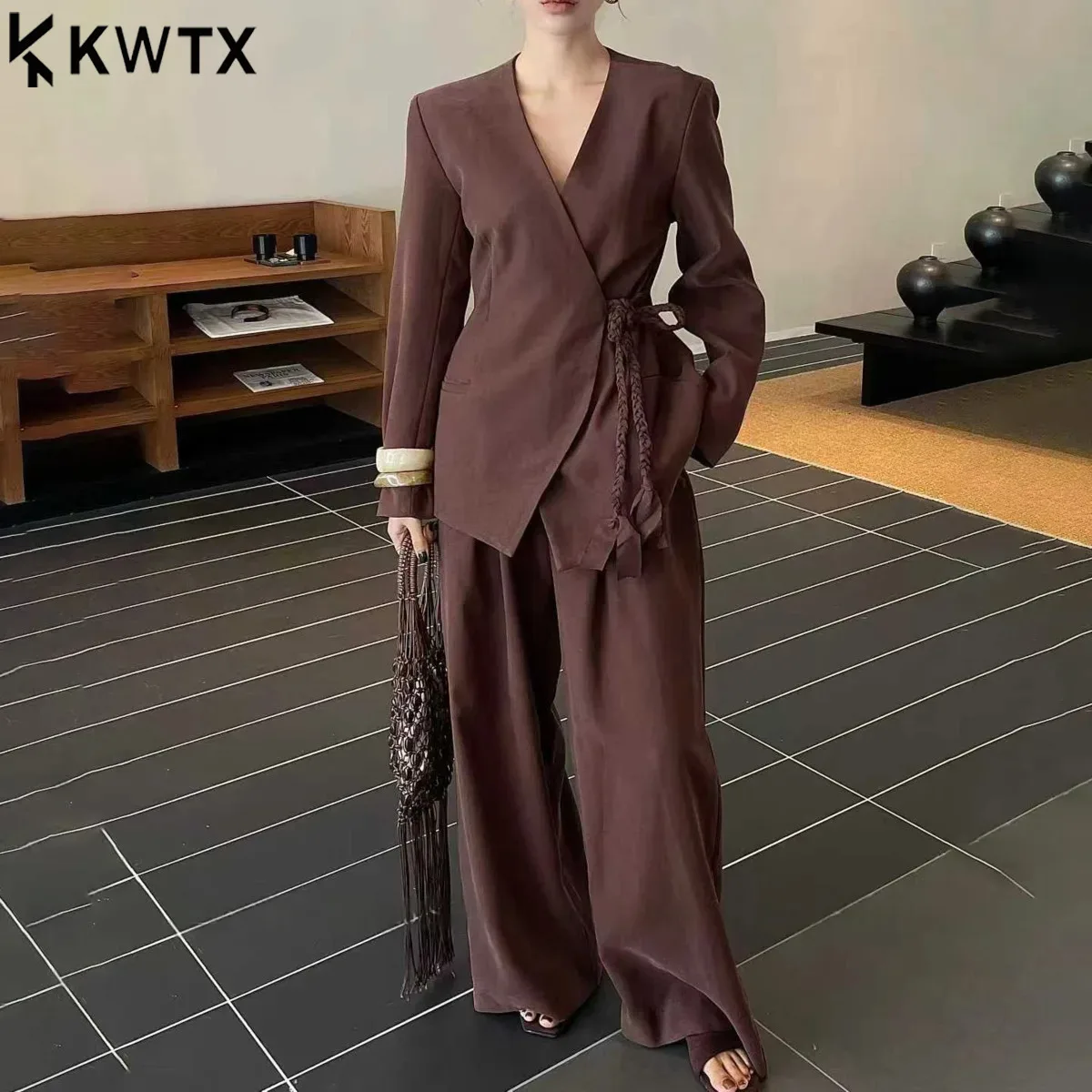 

KWTX Women's Asymmetric Tie Front Shirt And Pants Set, Casual Loose Fit, Flowy Fabric, Elegant Slimming Comfortable Lounge Wear