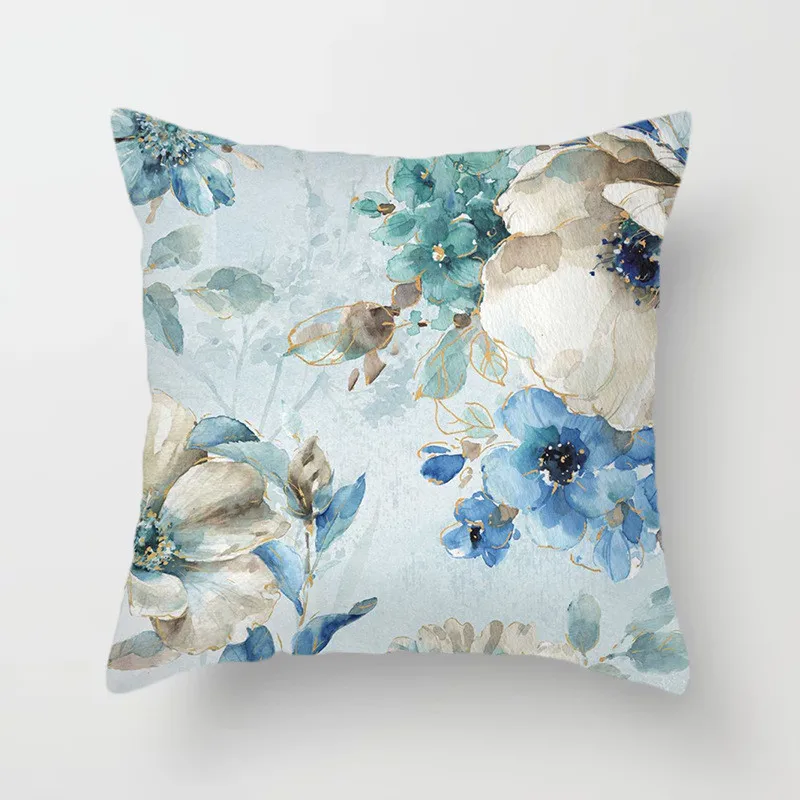 Fodera per cuscino quadrata in poliestere stampato fiore blu e uccello per la casa soggiorno divano decorazione per ufficio federa 45x45cm