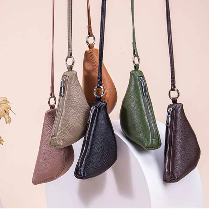 Fashion Genuine Leather Hanging Neck Coin Purse Lipstick Key Storage Mini Earphone Bag Korean Style Purse Lanyard Wallet Outdoor