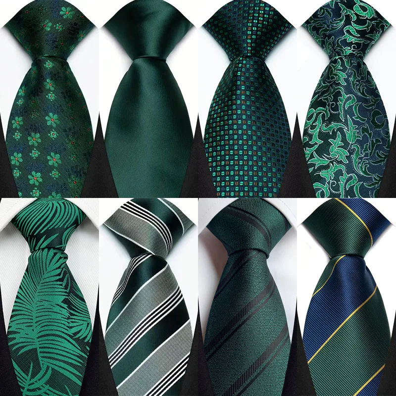 Luxury 8CM Mens Necktie Green Color Stripes Floral Solid Ties For Man Groom Jacquard Woven Neck Tie For Business Wedding Party