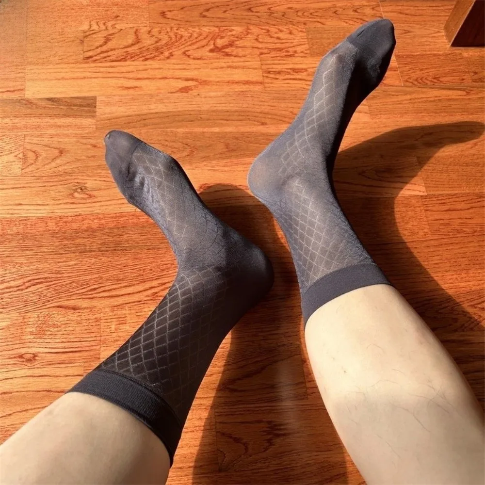 Suit Socks Mid-calf Dress Socks Strip Grid Thin Socks Mesh Thin Men's Socks Business