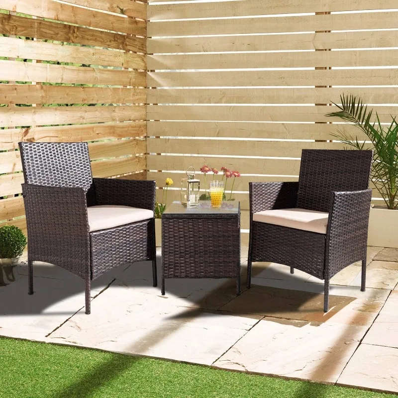 

Three Pieces Outdoor Conversation Set Patio Set with Table(Brown and Beige)