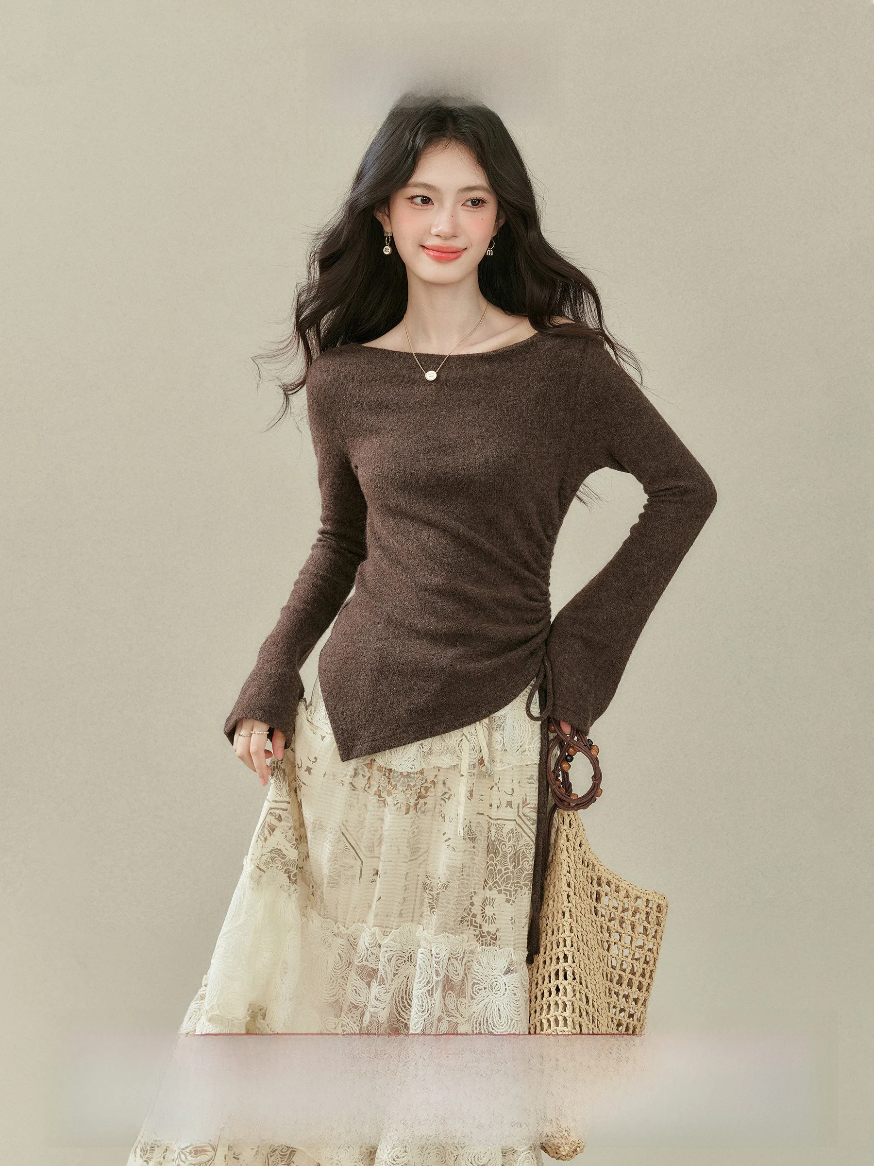 

Long Sve Knitted Sweater Dstring ort Fce Asymmetrical oulder Design Women's Faion Commute Sle Knitwear