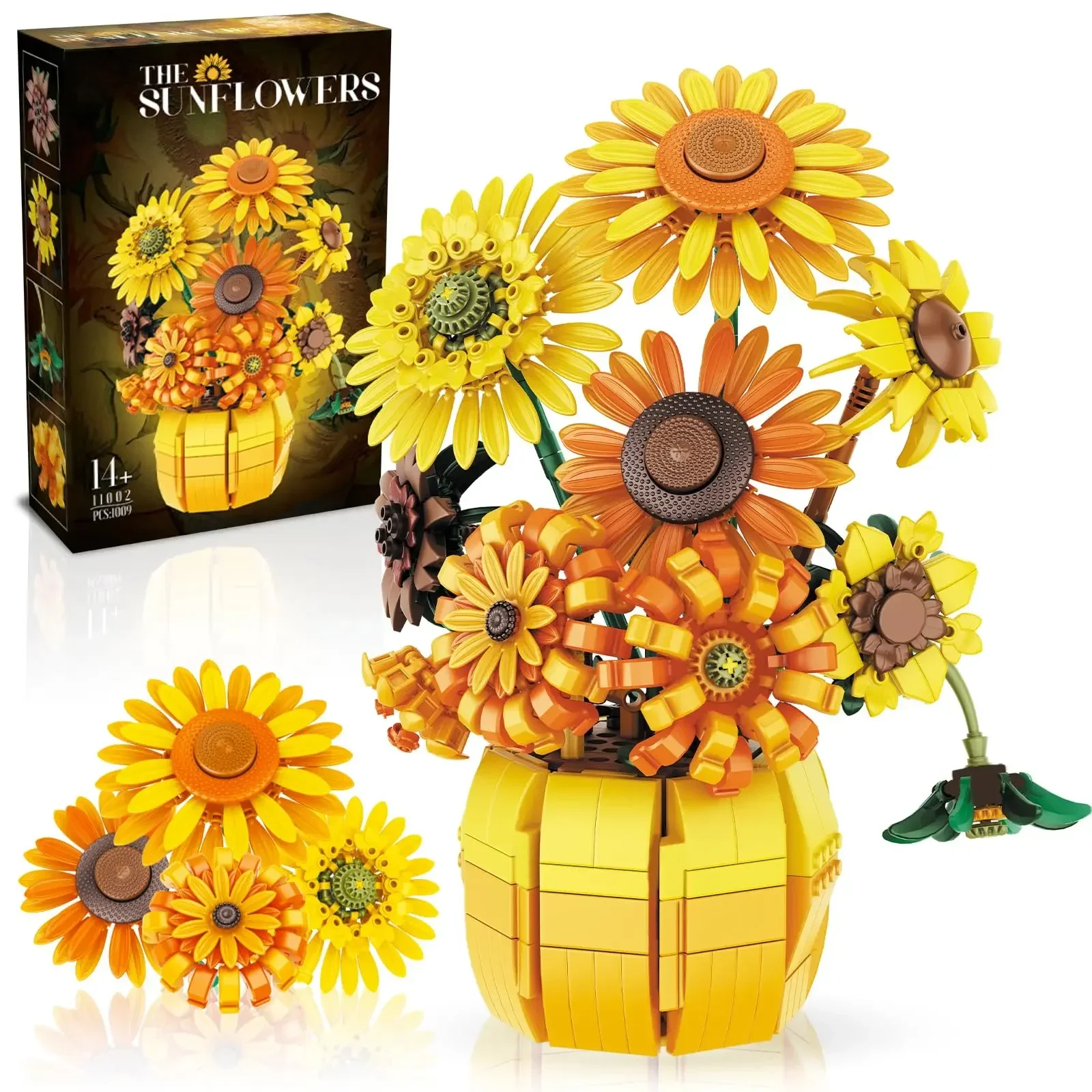 1009PCS Sunflower Building Blocks ดอกไม้แจกันชุดอิฐชุดไอเดียตกแต่งบ้านของเล่นเพื่อการศึกษาเด็กวันหยุดของขวัญ