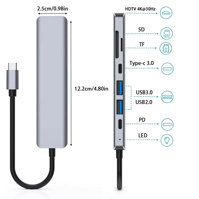 7‑in‑1 Type‑C Hub Multiport Adapter 4K30Hz HD  2.0 USB3.0 SD TF Reader for Samsung S10 Note Huawei Oppo