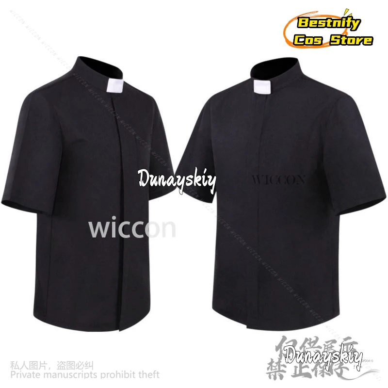 Anime Halloween Black Priest Shirt Men Cosplay Catholic Church Missionary Short Sleeve Top Role Play Roman Polo Shirt Customized