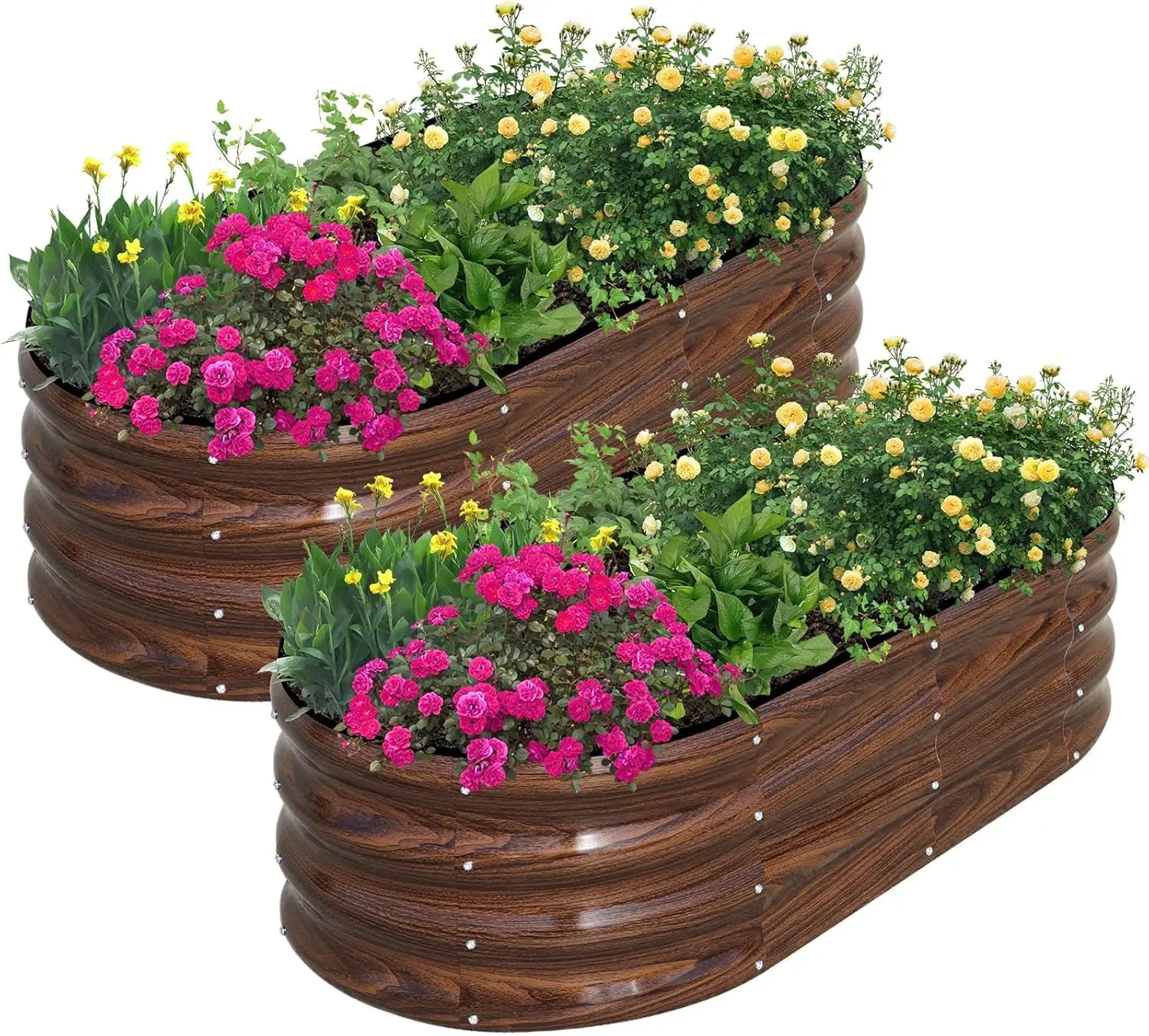 Raised Garden Bed & Planter Box, Galvanized Metal,2 Pcs 4x2x1ft, Brown, Oval Design