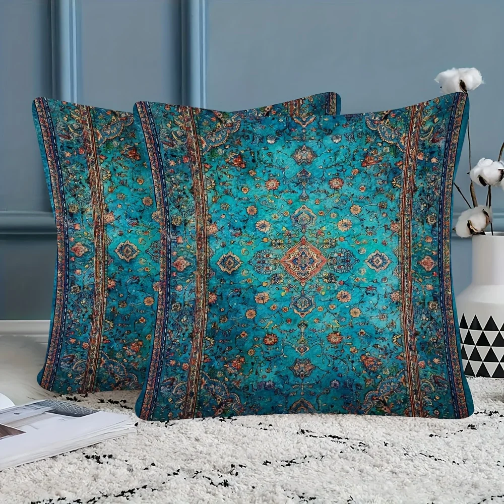 1pc Vintage Persian Rug Print Pillow Cover, 2D Double-Sided Polyester Cushion Case, Teal Boho Decor, Gift for Bohemian & Antique