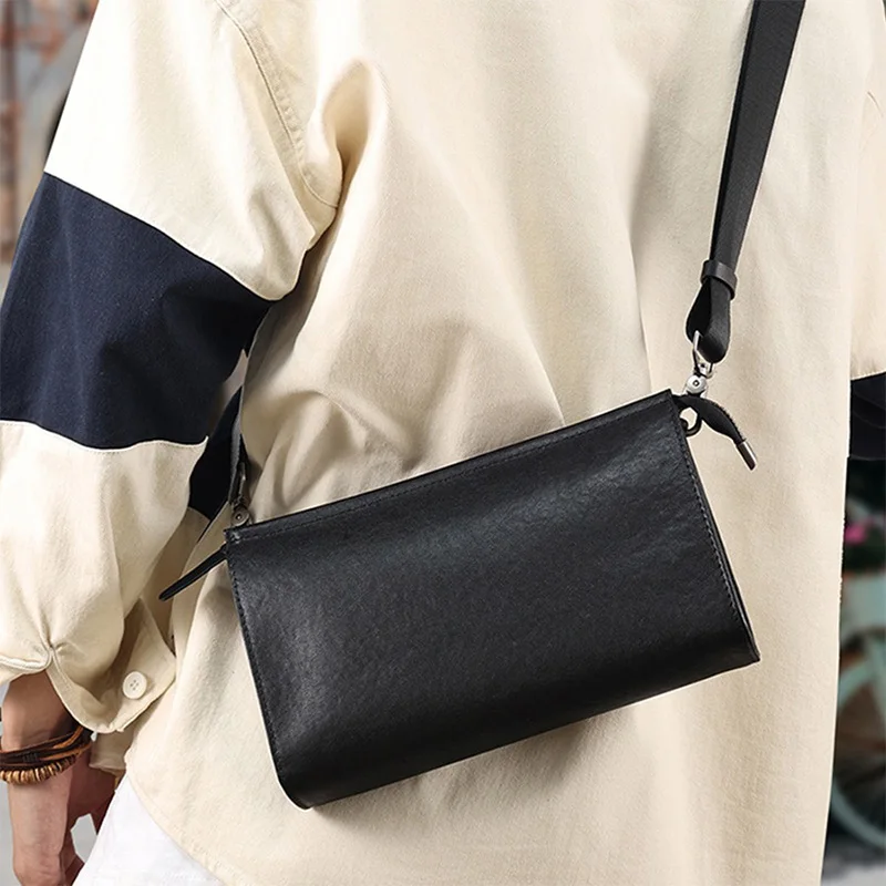 

Черная сумка через плечо из воловьей кожи, минималистичная сумка на плечо с регулируемым ремнем на молнии, классическая квадратная сумка-клатч
