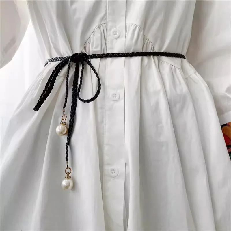 Hot Women Thin Belt Style Candy Color Waist Chain Long Waist Rope Vintage Braided Big Pearl Dresses Decoration String Waistband