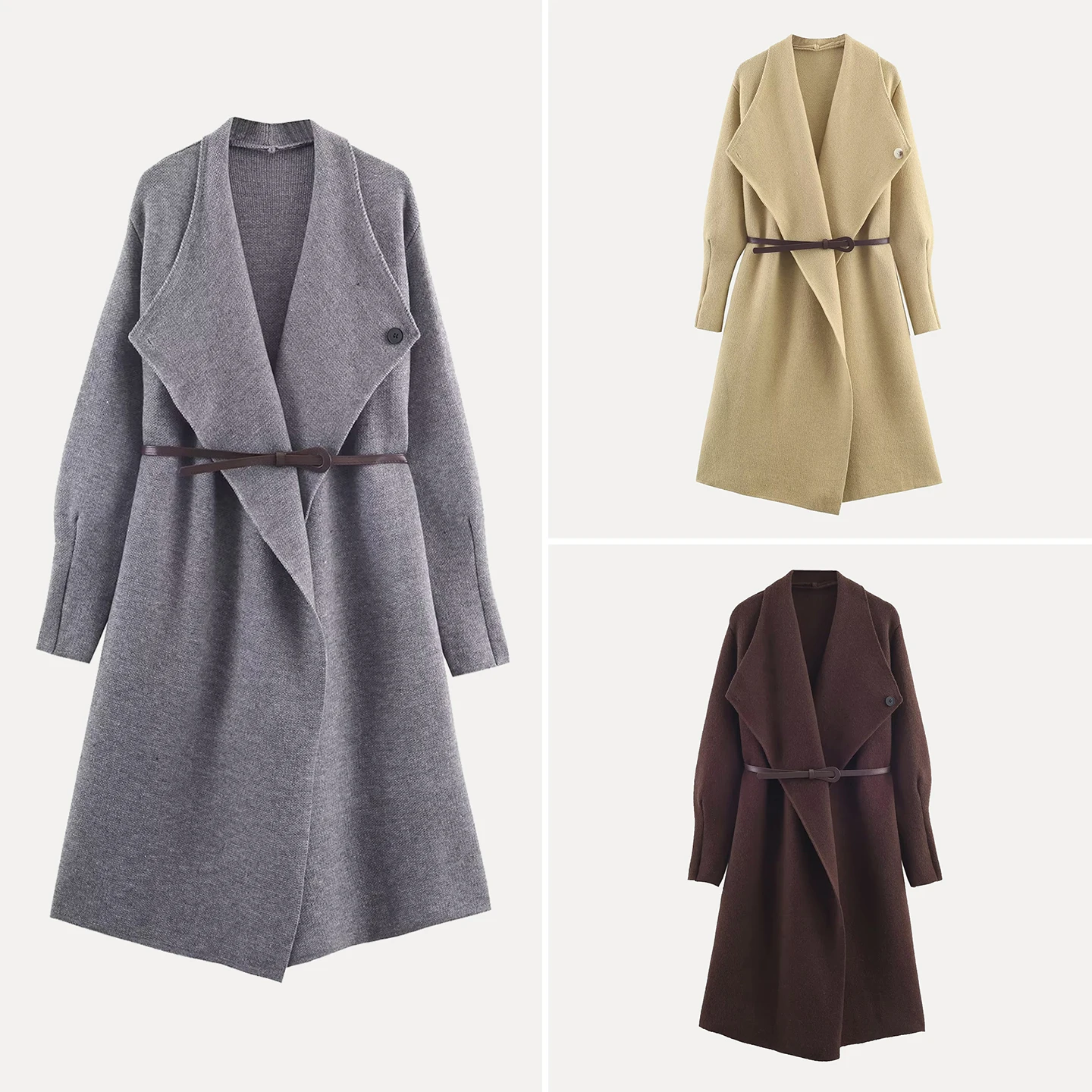 

Женское вязаное пальто Ele Casual с поясом, осень 2025, новинка, для повседневной носки, приталенное, удлиненное, однотонное