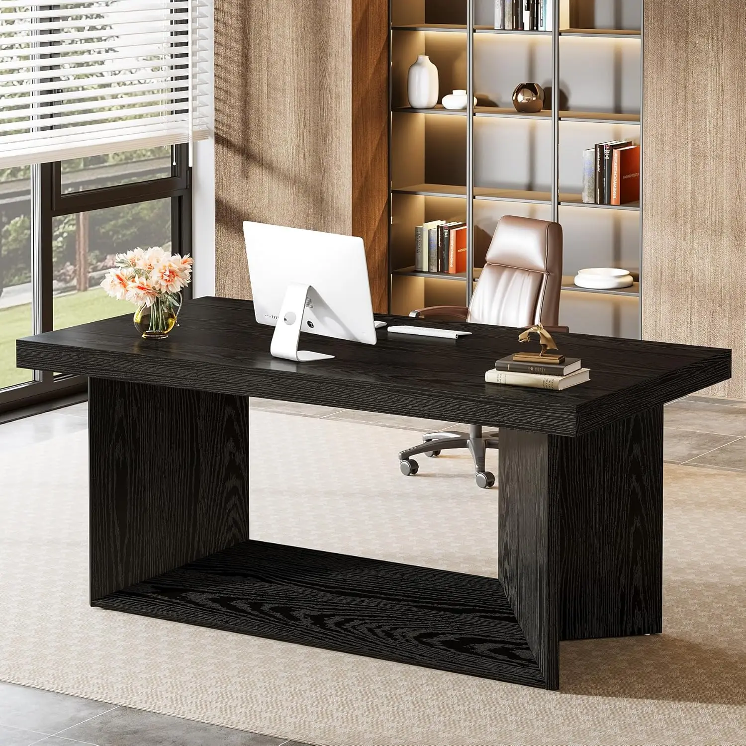 

63-Inch Executive Desk, Large Office Computer Desk with Heavy Duty Pedestal, Farmhouse Simple Workstations Writing, Customized
