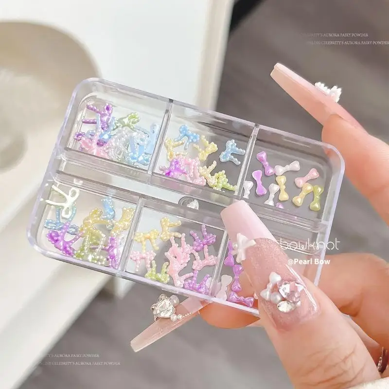6 Siatek Kolorowe Perły Kokardki Ozdoby do Paznokci Żywiczne Charmsy do Paznokci Efekt Glamour Stereoskopowe DIY Akcesoria do Manicure Salonowego