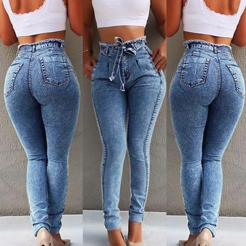 

Elastic High Waist Jeans Women Trousers Fashionable Ladies Pants Deep Blue Warmth Consistent Long Pants for All Seasons