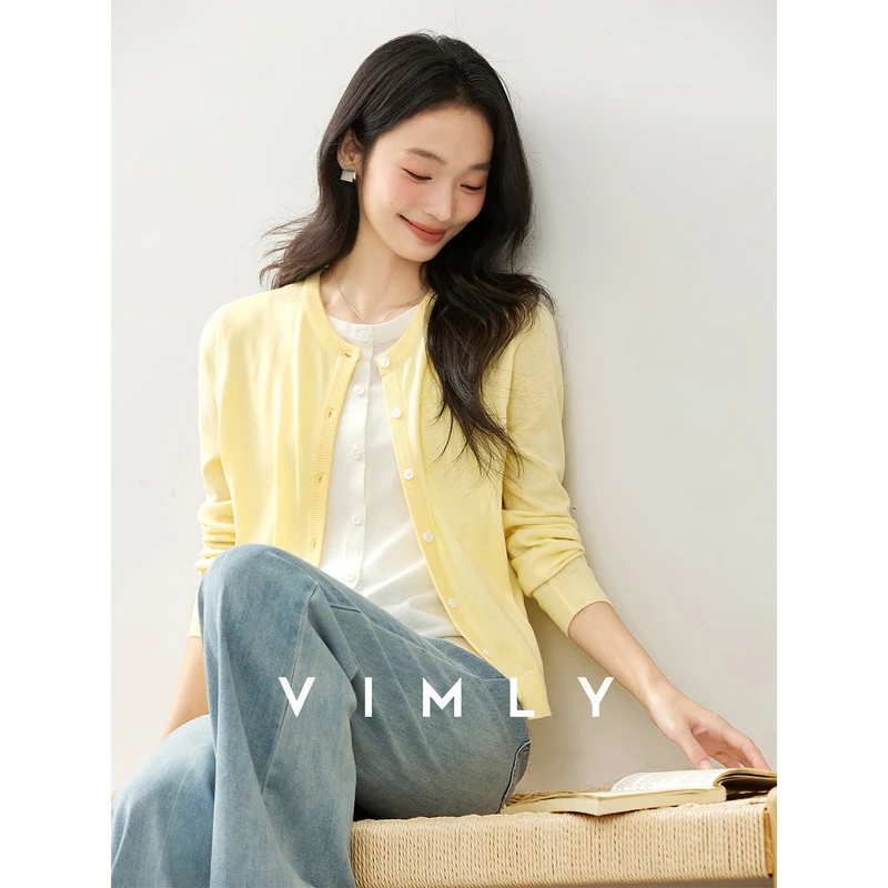 

VIMLY Cardigan Woman Long Sleeve 2025 Autumn Yellow Knitted Casual Crew Neck Sweaters Contrasting Color Sweater Jacket 75057