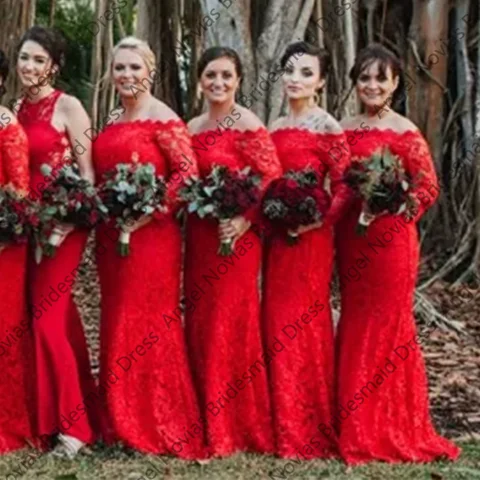 Long Sleeves Red Lace Mermaid Bridesmaid Dresses For Weddings Party Evening Dress Robes Invitee Mariage