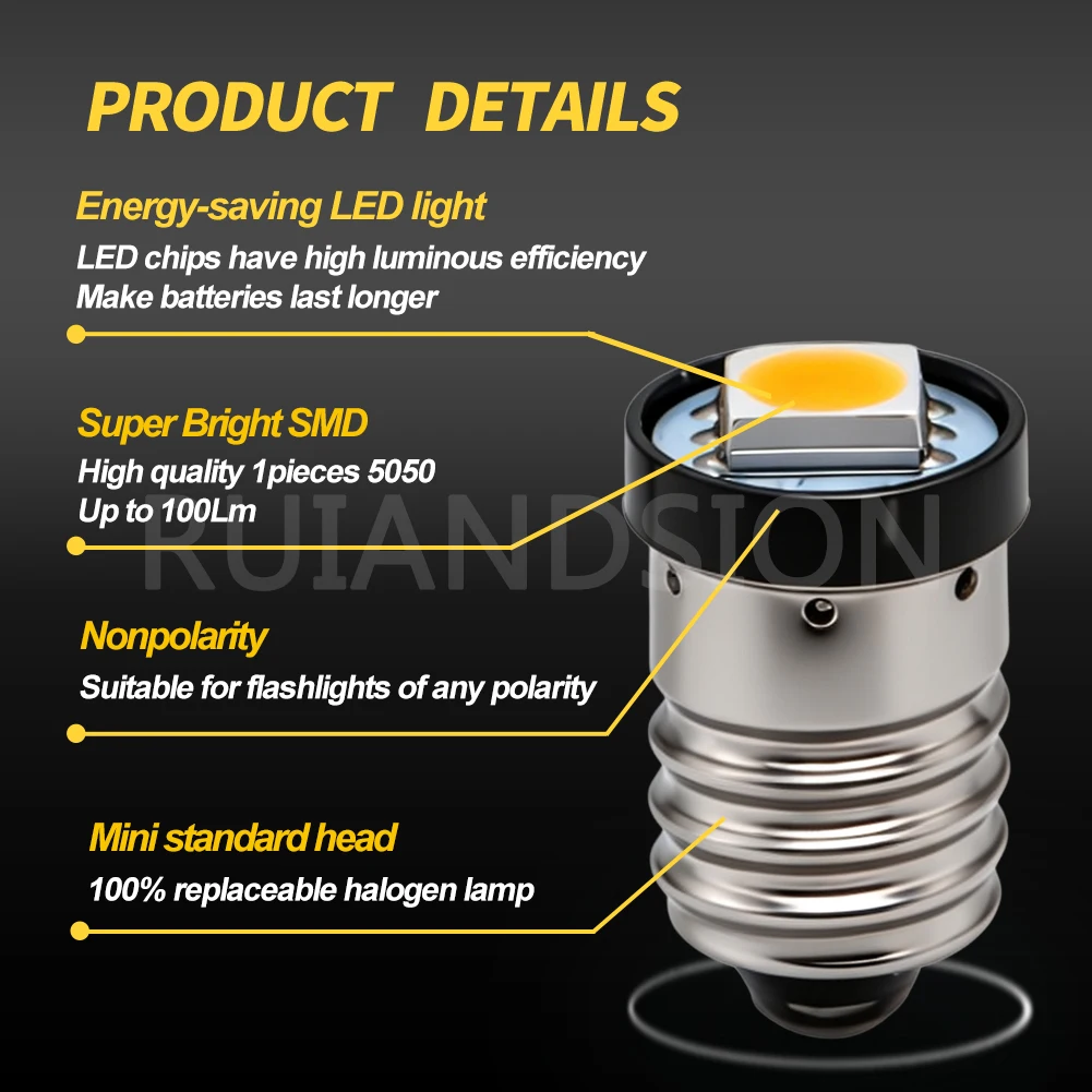 2Pcs E10 Lamp LED Bulb 3V 6V 12V 24V Warning Signal Bulbs 3000K 4300K 6000K White MES 1447 Screw for Torch Bike Bicycle view 5