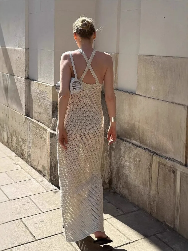 Robe de plage longue en tricot pour femmes, Sexy, ajourée, col rond, sans manches, Cover-Up pour Bikini, dos nu, robe de vacances, été, 2026