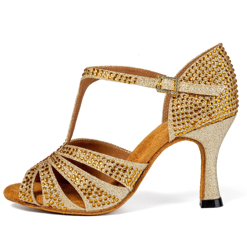 New Gold Rhinestone Latin Dance Shoes for Women, with Soft Soles for Performance Dancing