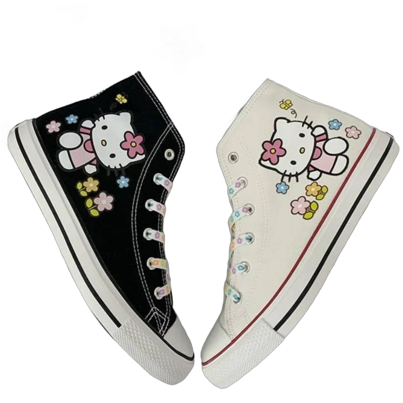 Hello Kitty Canvas Shoes Teenager Tennis Shoes Girls High-Top Basket Shoes Women Kitty Cat Casual Sneakers Sanrio Anime Shoes