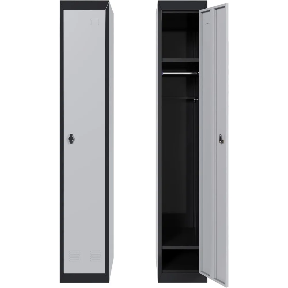 71 in Tall Slim Metal Locker Cabinet with Hanging Rod and 2 Shelves, Heavy Duty Steel Storage for Office, School, Gym