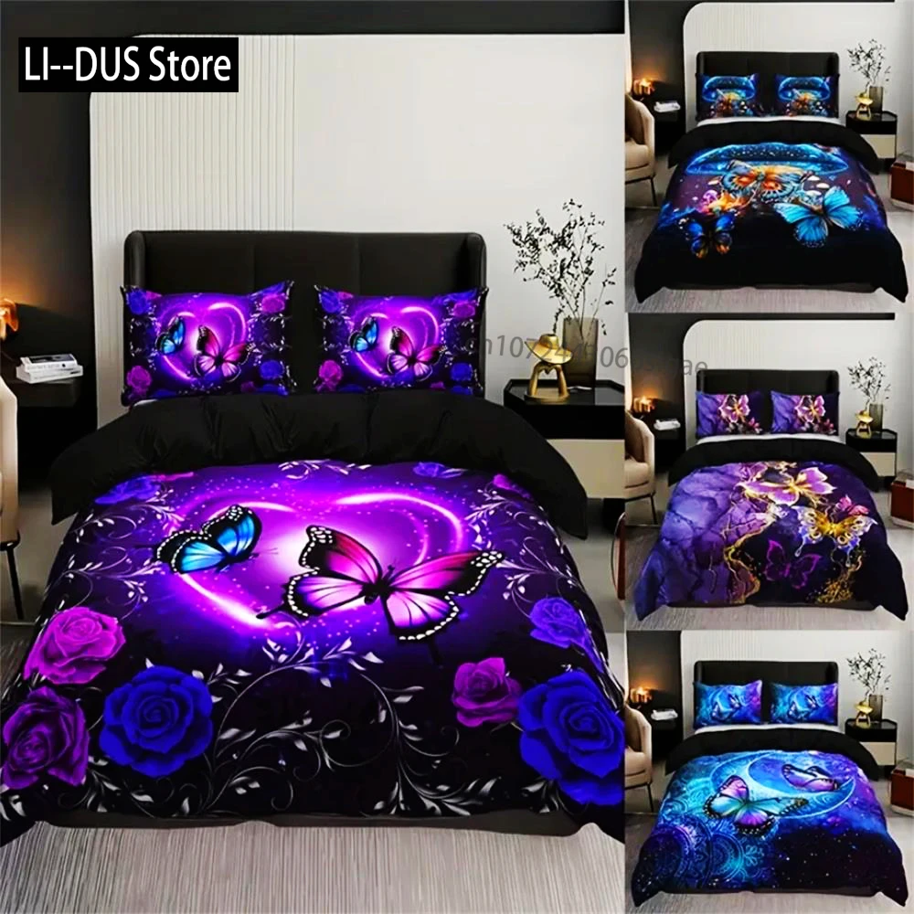 طقم غطاء لحاف على شكل زهرة فراشة مكون من 3 قطع - مفروشات مطبوعة رقمية ناعمة ومريحة وعصرية بتصميم كلاسيكي - مثالية لـ