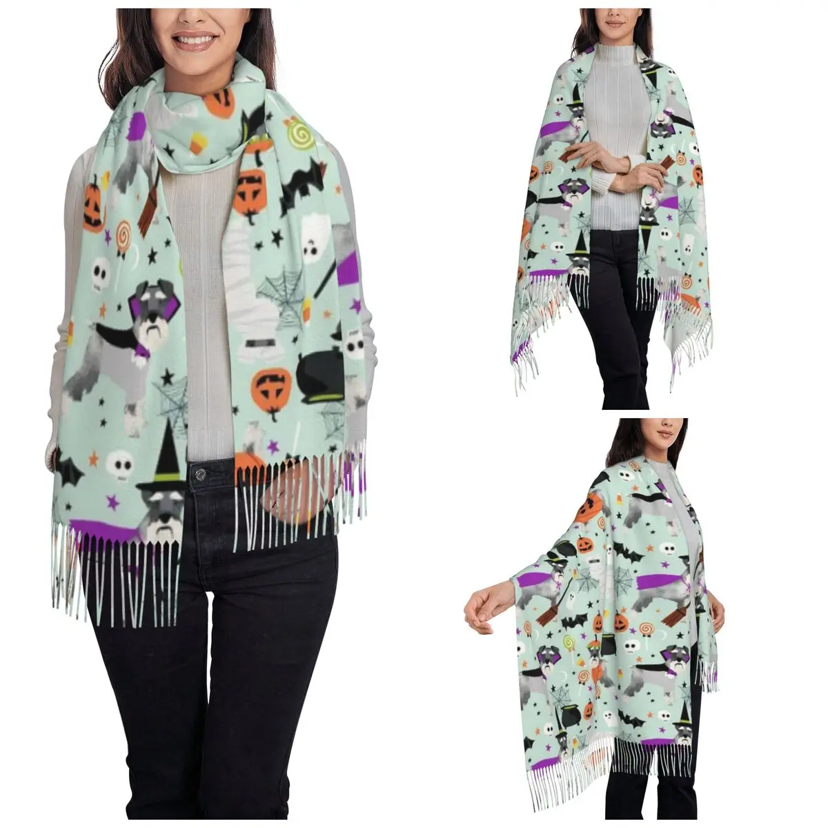 Halloween Terrier Dog Scarf for Women Warm Winter Pashmina Shawls and Wrap Pumpkin Bat Single-sided Pattern Scarves with Tassel