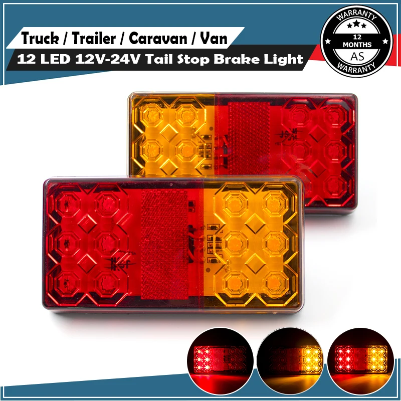 2pcs 12V 24V 12 LED Rear Stop Warning Tail Light Taillight Brake Turn Signal Lamp Car Truck Trailer Caravan Boat Camper Boat