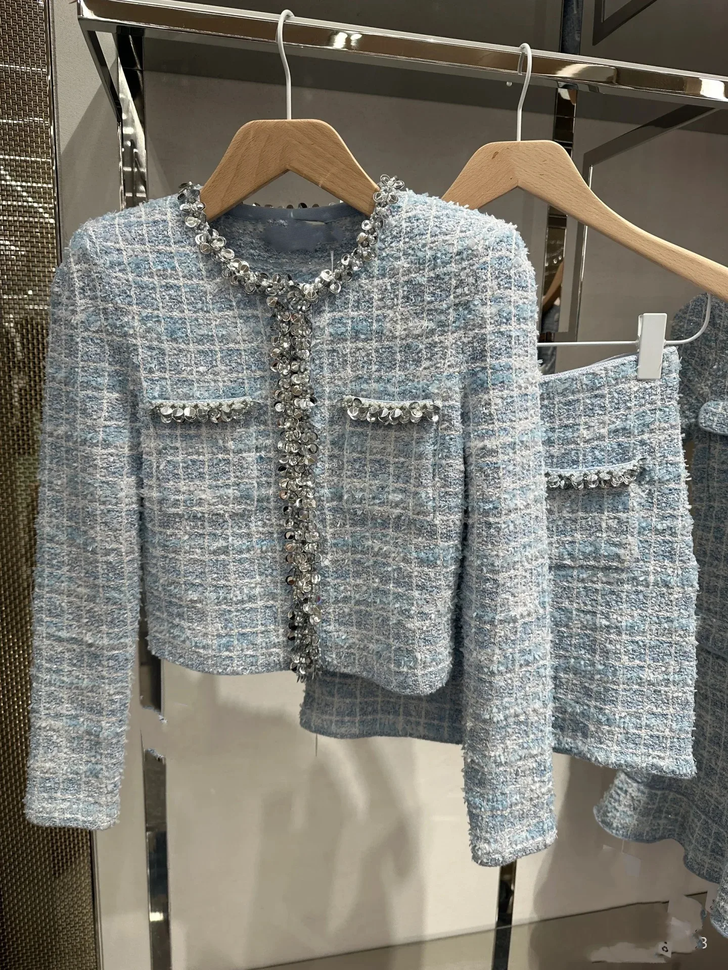 High-End Version Blue Mixed Color Diamond Decorated Knitted Jacket Open Cardigan Skirt Set Luxury Feel Fashionable Women's En...