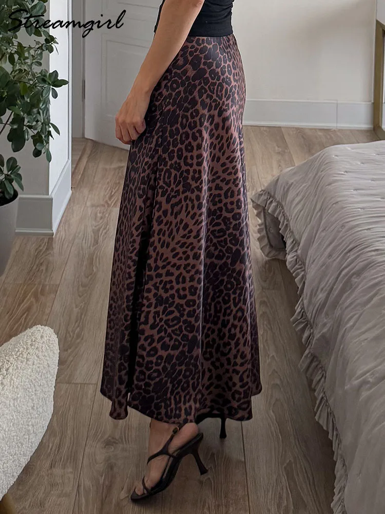 Long Leopard Skirt Women 2026 Luxury Satin Skirts Ladies Office Party A Line High Waist Brown Skirt For Women Maxi Spring Summer